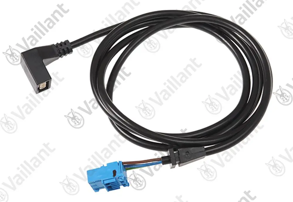 Vaillant Kabelbaum mit einem rechten Stecker und einem blauen Anschlussstecker, verbunden durch ein flexibles schwarzes Kabel.